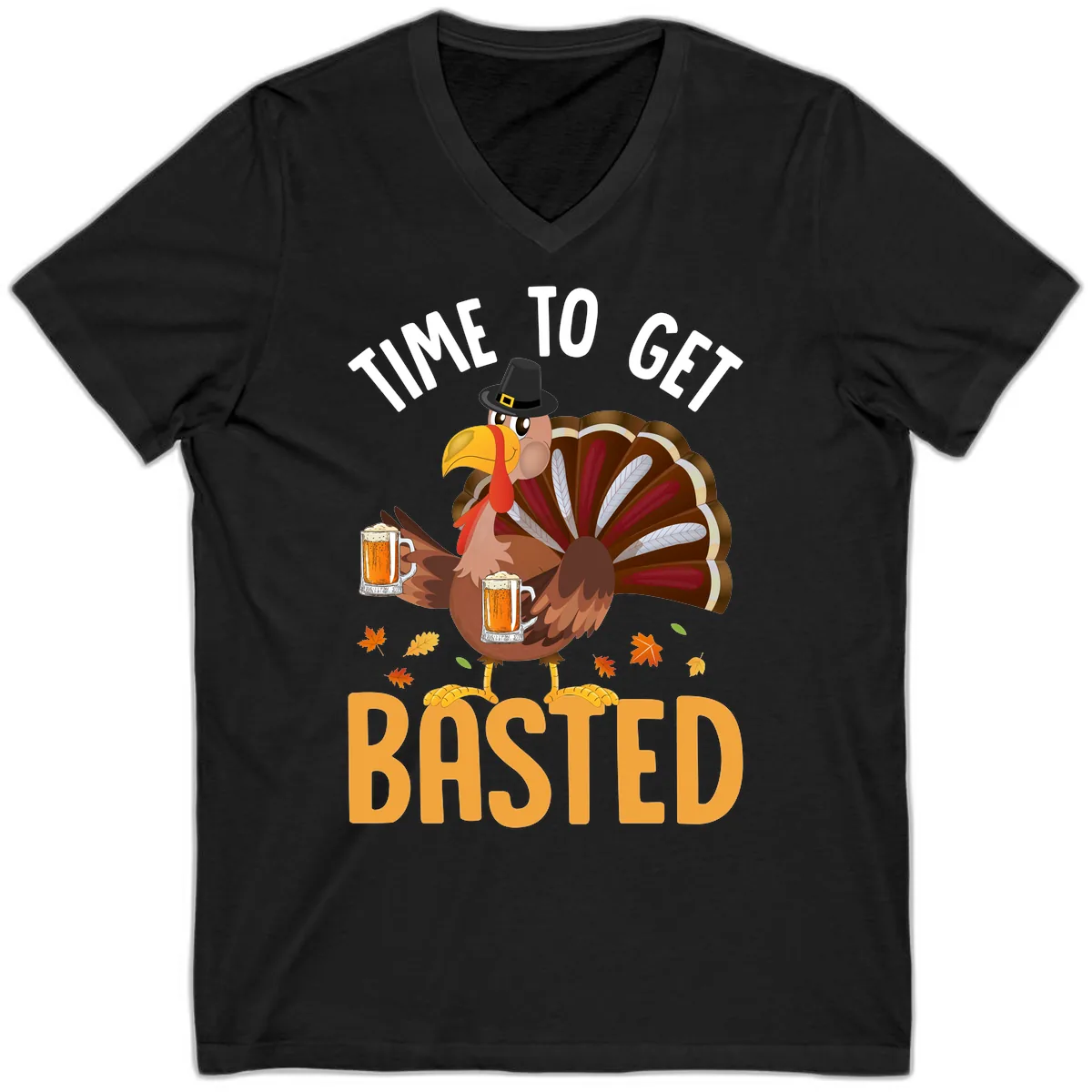 Time To Get Basted Turkey Design V-Neck in Black