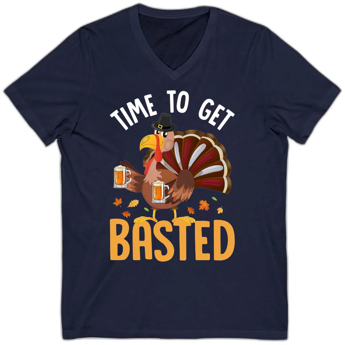 Time To Get Basted Turkey Design V-Neck in Navy