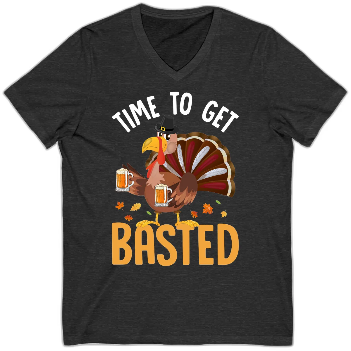 Time To Get Basted Turkey Design V-Neck in Dark Grey Heather