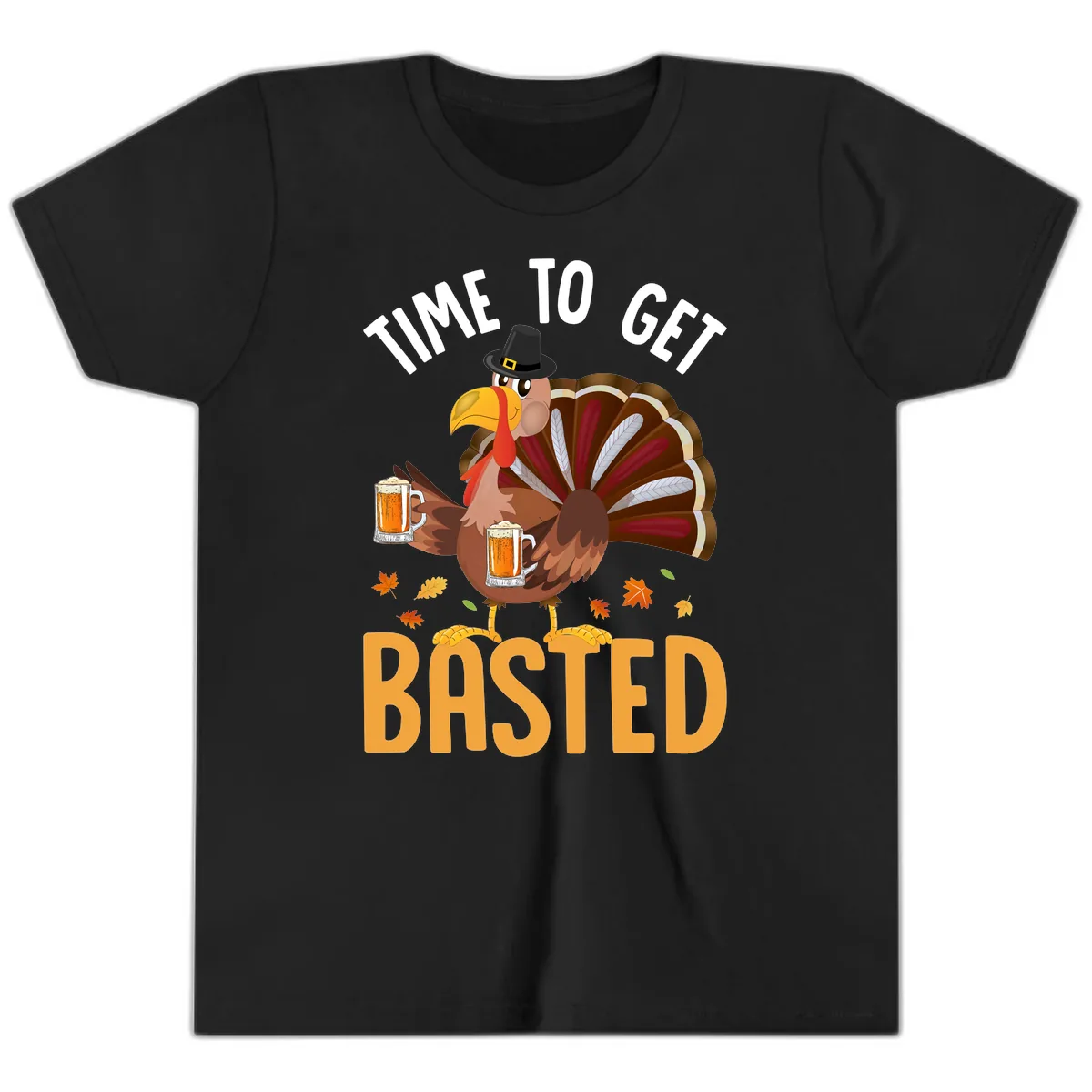 Time To Get Basted Turkey Design Youth T-Shirt in Black