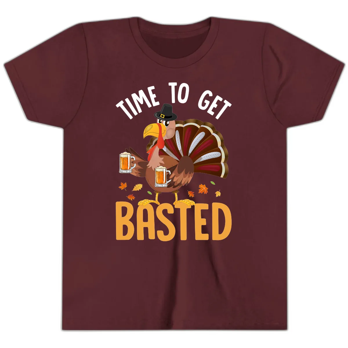 Time To Get Basted Turkey Design Youth T-Shirt in Maroon