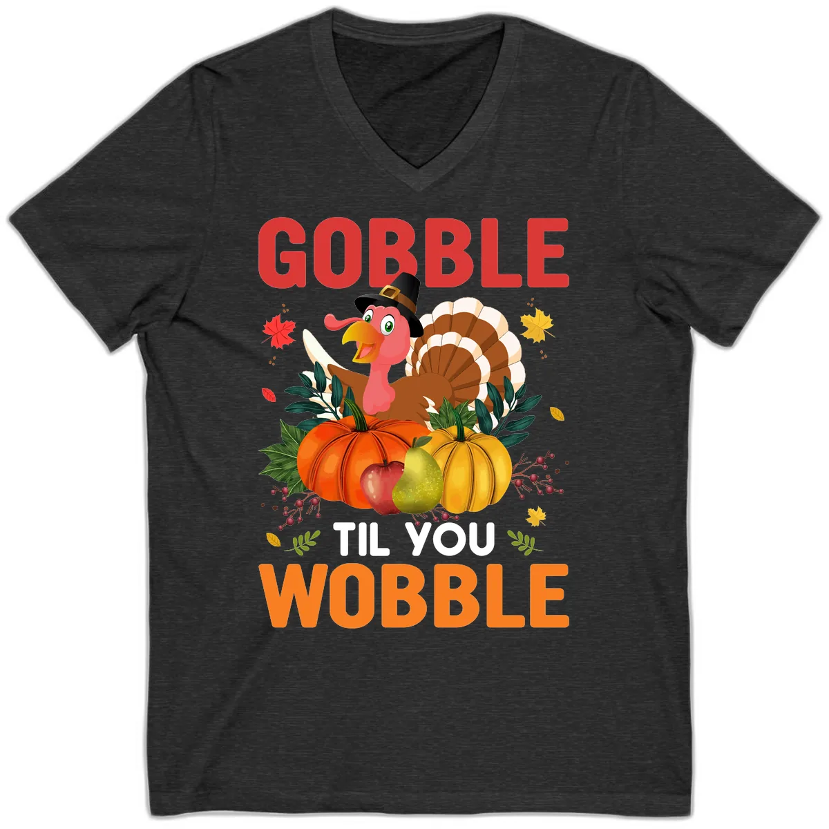 Gobble Til You Wobble Turkey Design V-Neck in Dark Grey Heather