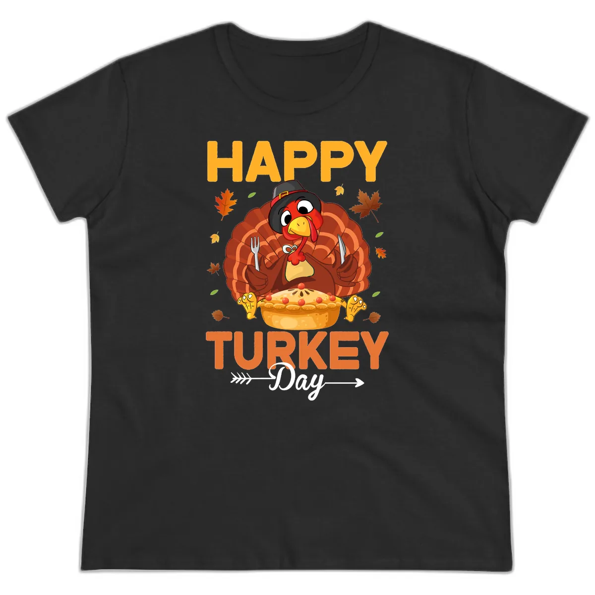 Happy Turkey Day Feast Ladies Tee in Black