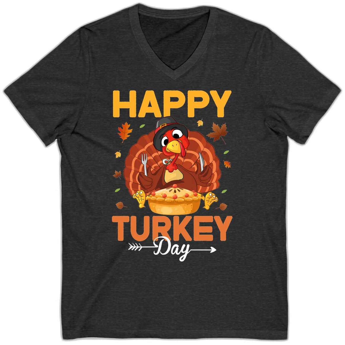 Happy Turkey Day Feast V-Neck in Dark Grey Heather