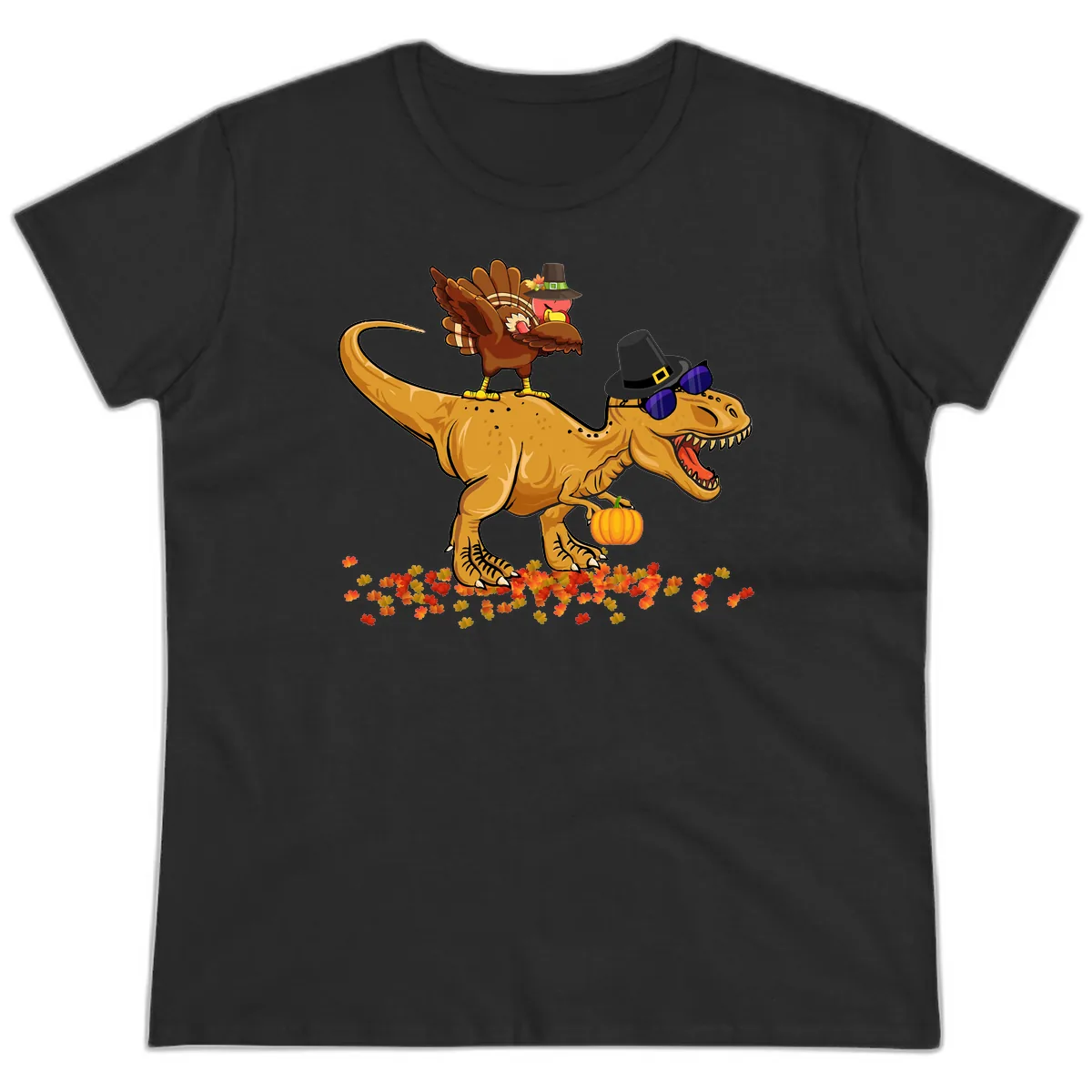 Dinosaur Turkey Thanksgiving Ride Ladies Tee in Black