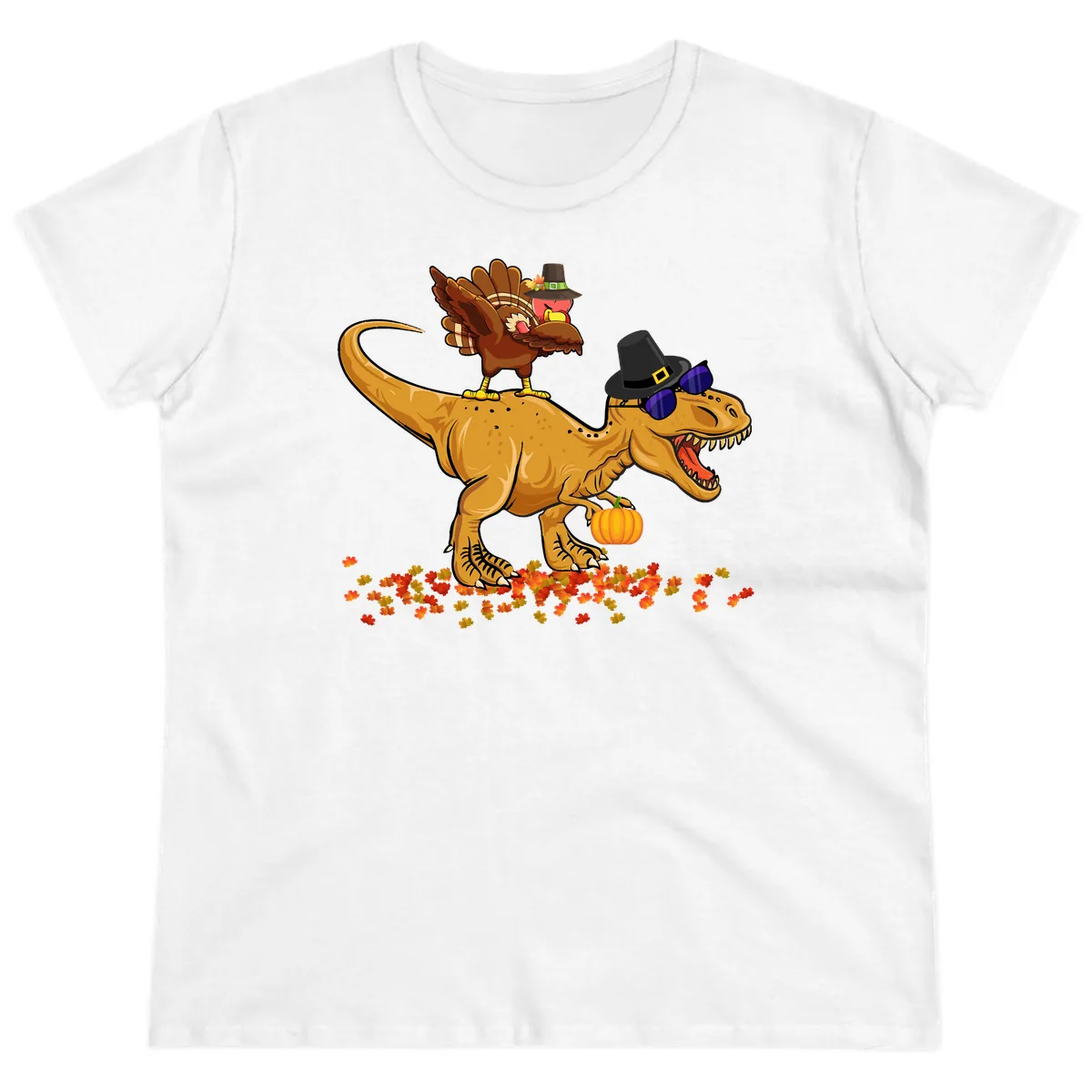 Dinosaur Turkey Thanksgiving Ride Ladies Tee in White