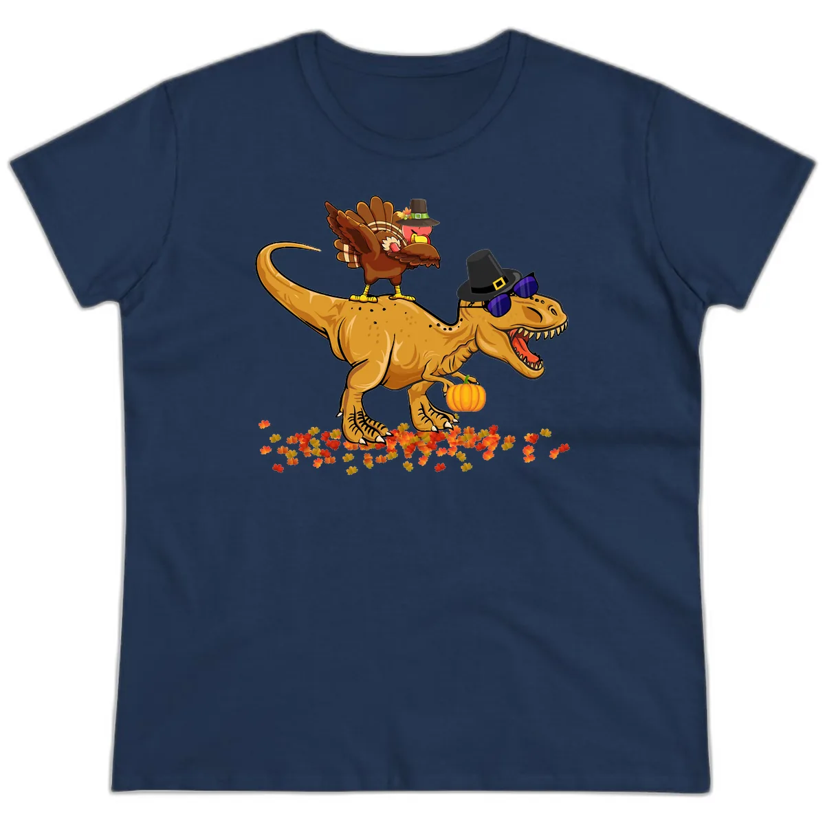 Dinosaur Turkey Thanksgiving Ride Ladies Tee in Navy
