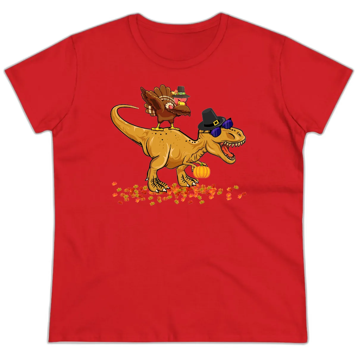 Dinosaur Turkey Thanksgiving Ride Ladies Tee in Red