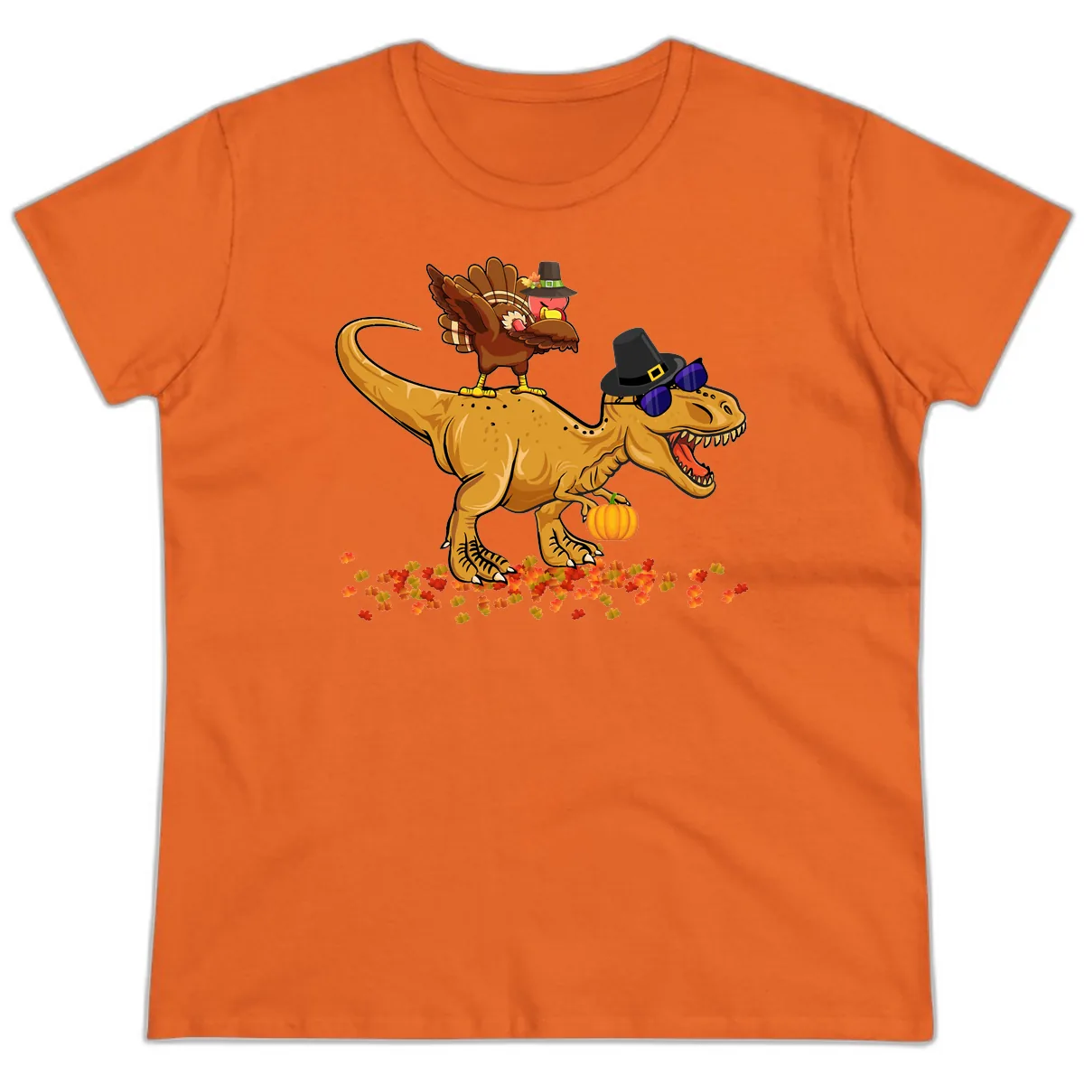 Dinosaur Turkey Thanksgiving Ride Ladies Tee in Orange