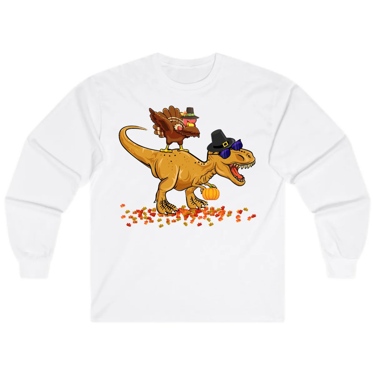 Dinosaur Turkey Thanksgiving Ride Long Sleeve in White