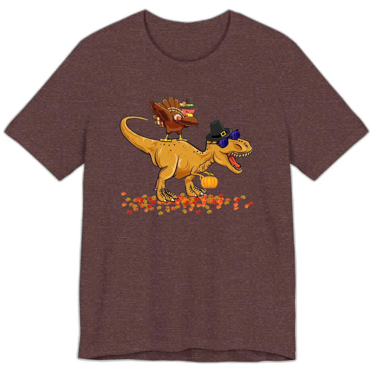Dinosaur Turkey Thanksgiving Ride Premium T-Shirt in Heather Maroon