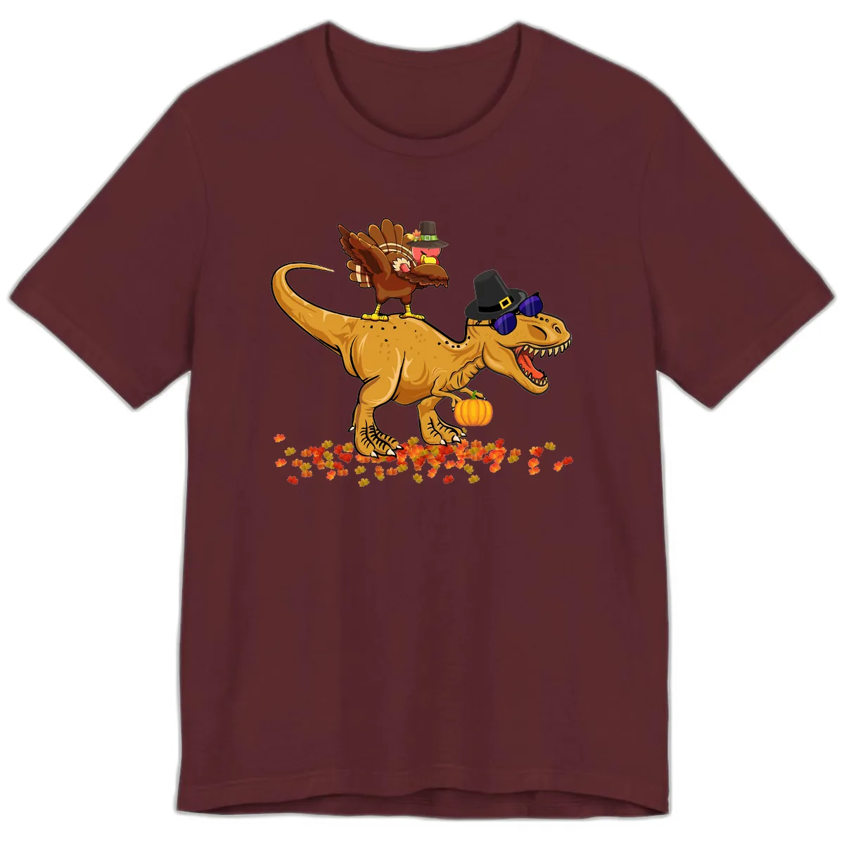 Dinosaur Turkey Thanksgiving Ride Premium T-Shirt in Maroon