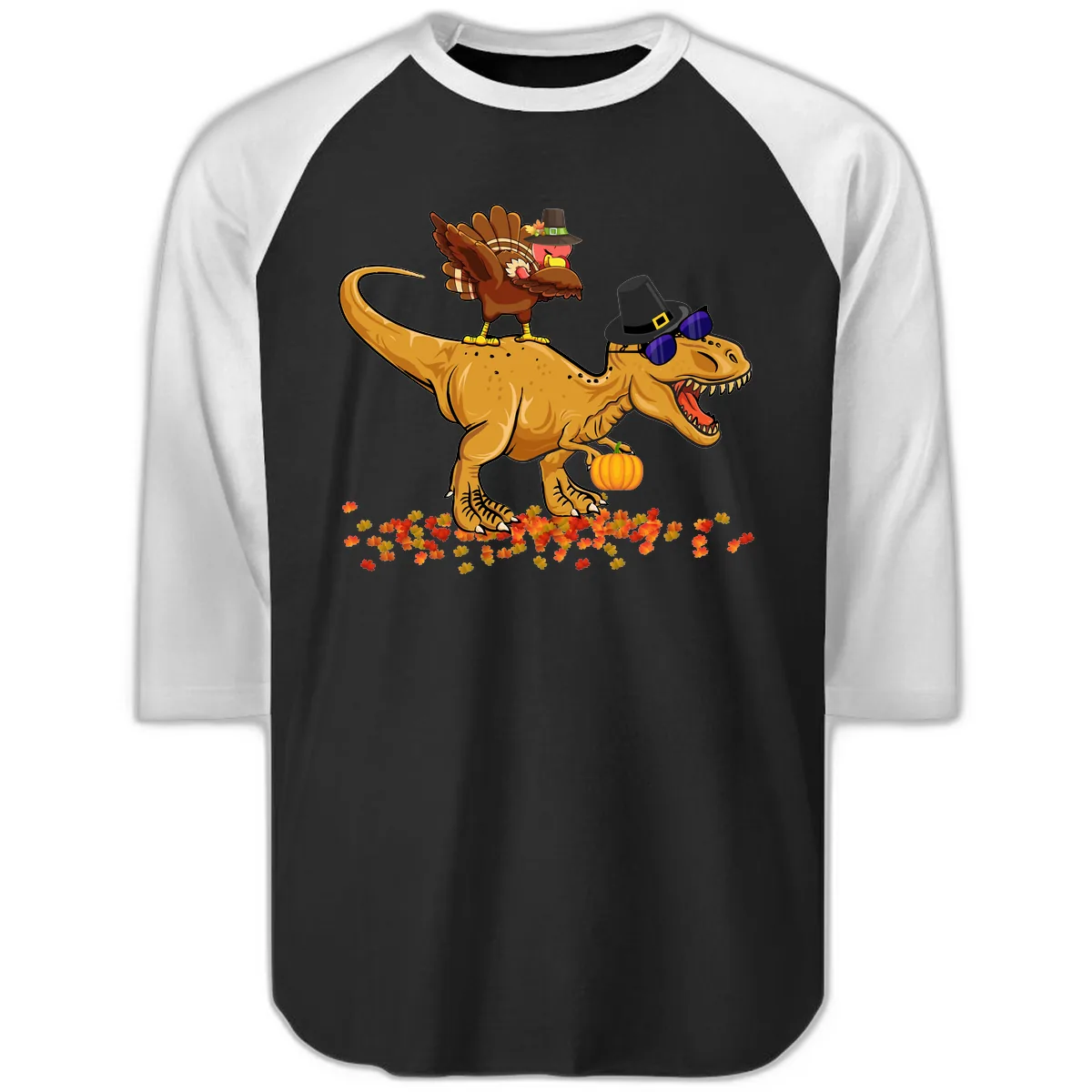 Dinosaur Turkey Thanksgiving Ride Raglan 3/4 in Black White