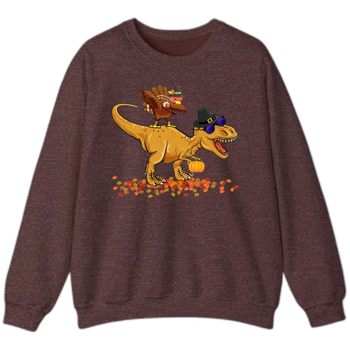 Dinosaur Turkey Thanksgiving Ride Sweatshirt in Heather Sport Dark Maroon
