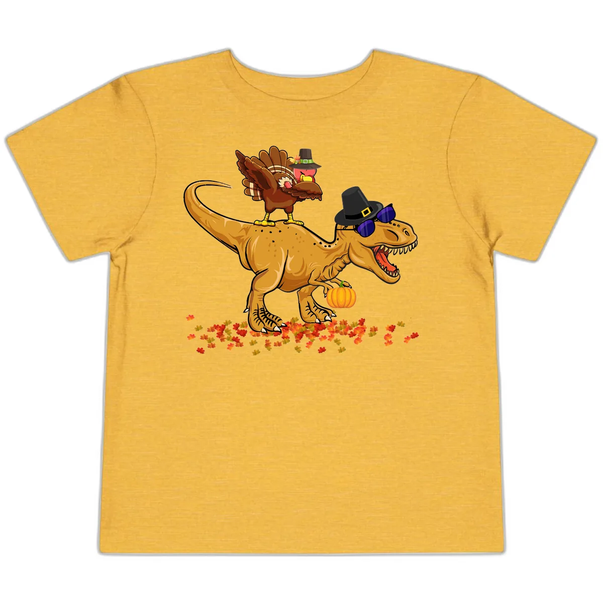 Dinosaur Turkey Thanksgiving Ride Toddler T-Shirt in Heather Yellow Gold
