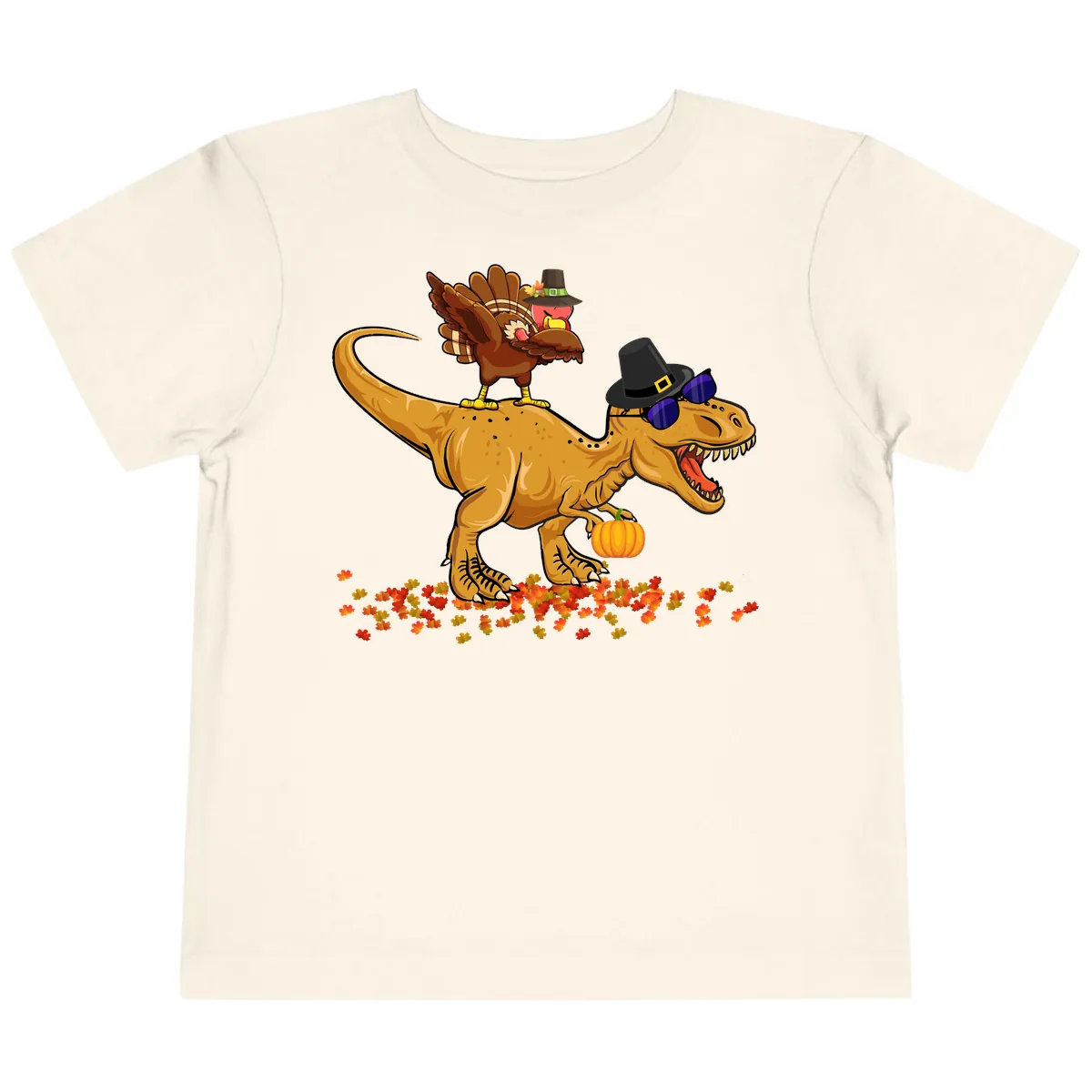 Dinosaur Turkey Thanksgiving Ride Toddler T-Shirt in Natural