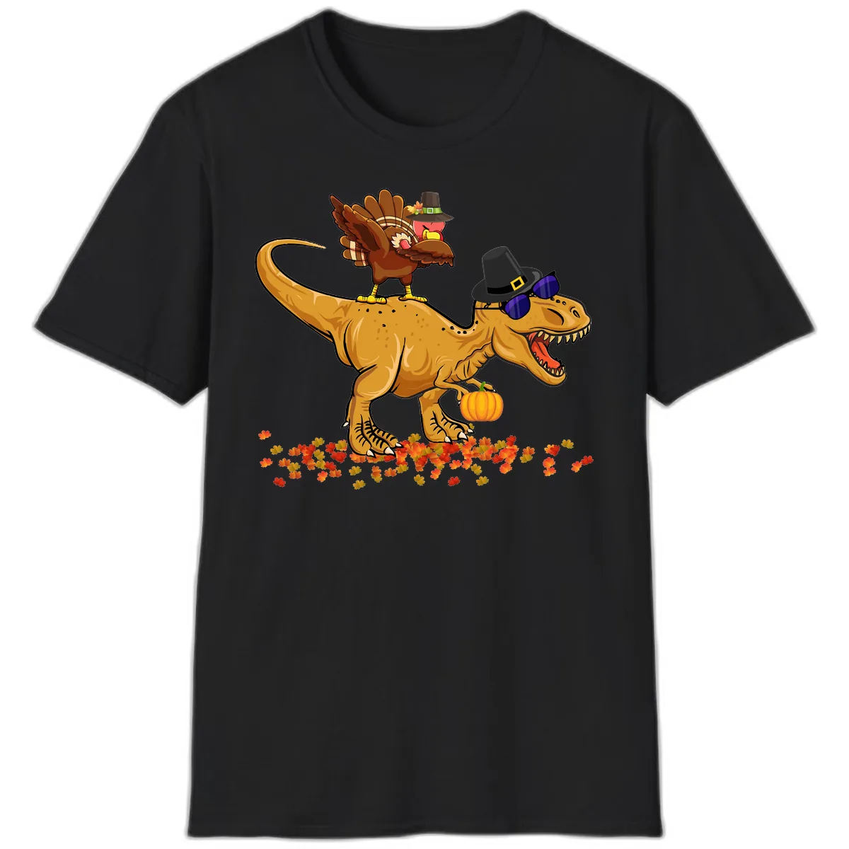 Dinosaur Turkey Thanksgiving Ride T-Shirt in Black