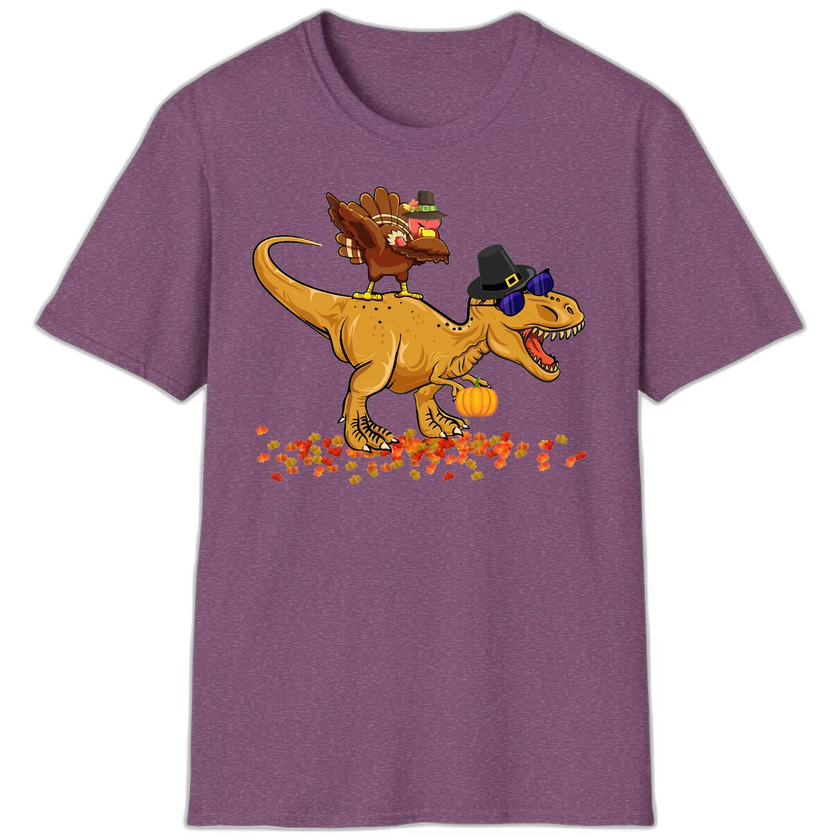 Dinosaur Turkey Thanksgiving Ride T-Shirt in Heather Maroon