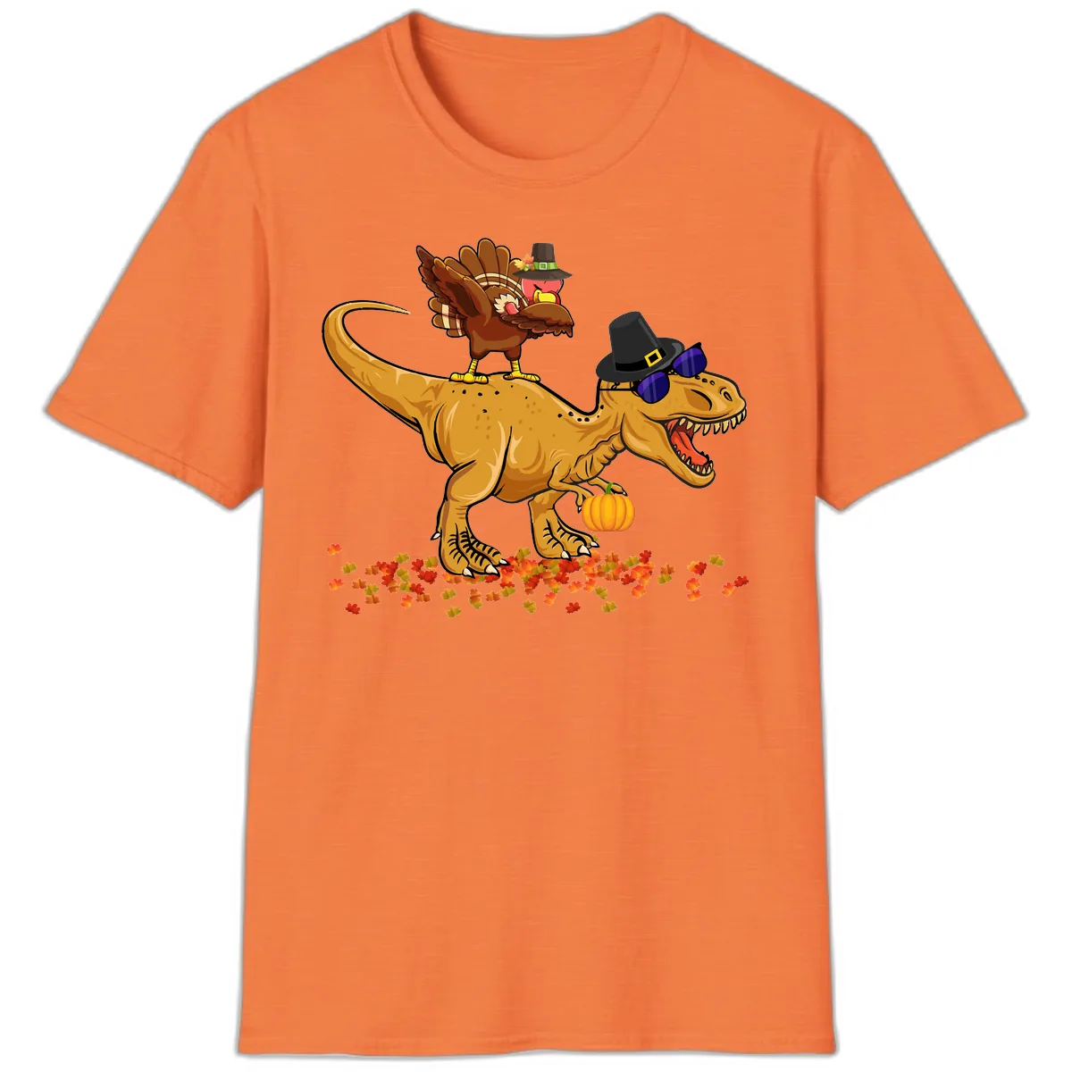 Dinosaur Turkey Thanksgiving Ride T-Shirt in Heather Orange