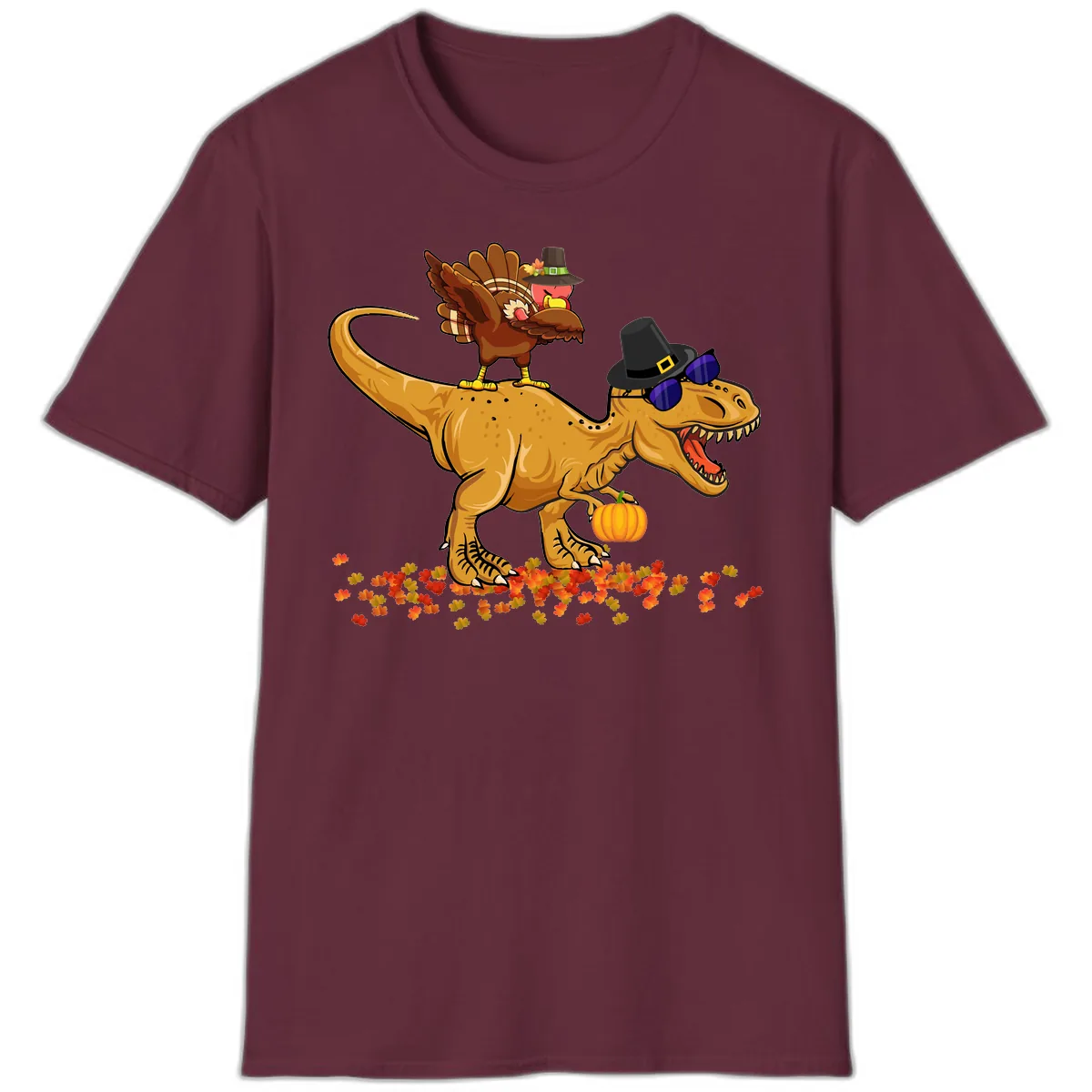 Dinosaur Turkey Thanksgiving Ride T-Shirt in Maroon