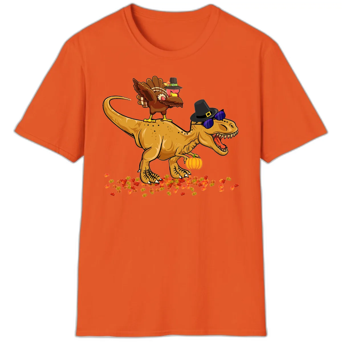 Dinosaur Turkey Thanksgiving Ride T-Shirt in Orange