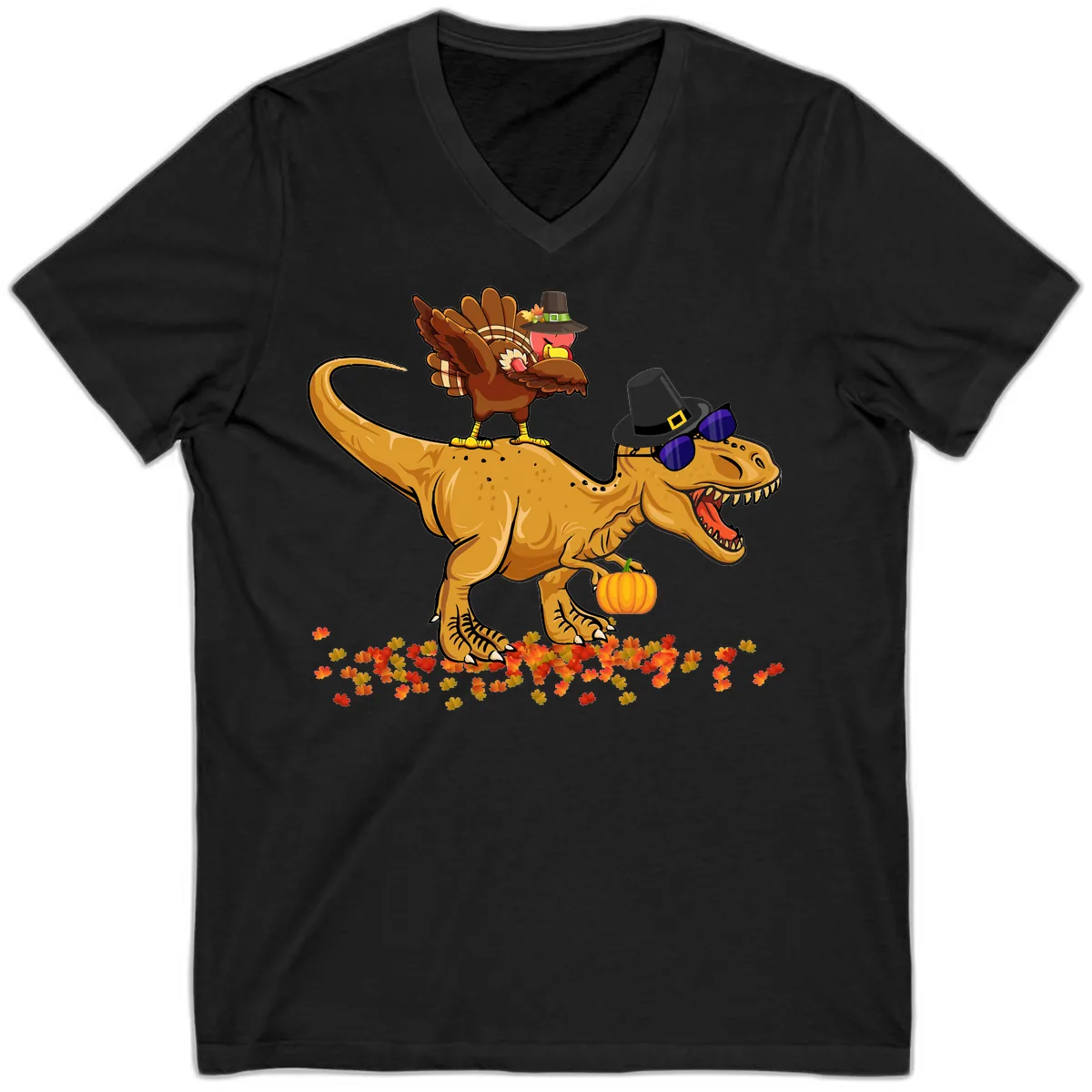 Dinosaur Turkey Thanksgiving Ride V-Neck in Black