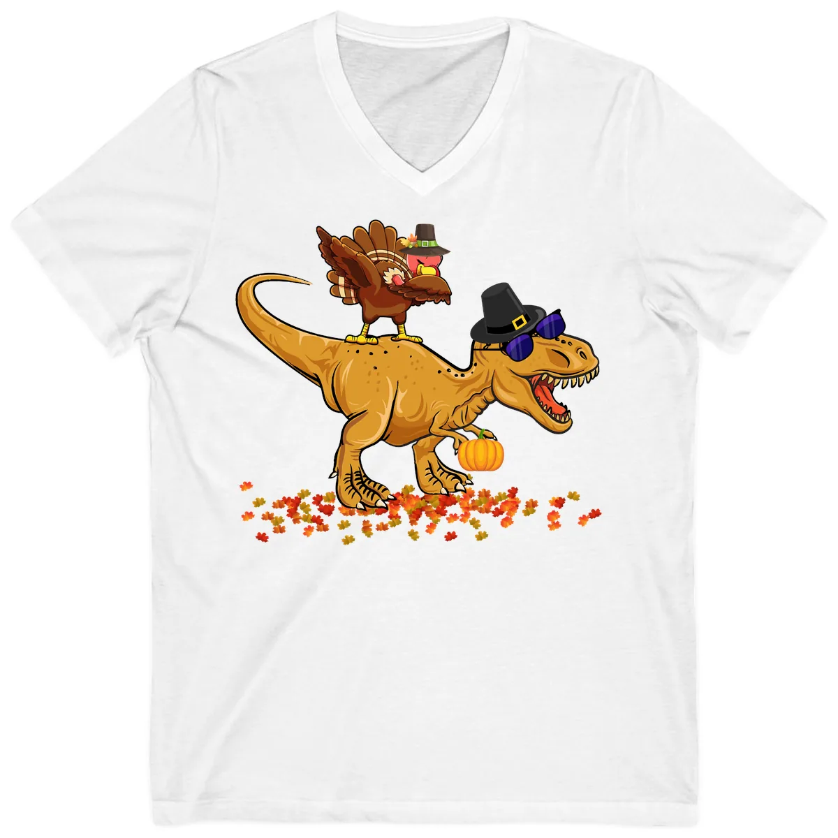 Dinosaur Turkey Thanksgiving Ride V-Neck in White