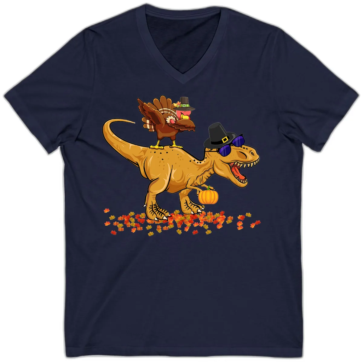 Dinosaur Turkey Thanksgiving Ride V-Neck in Navy
