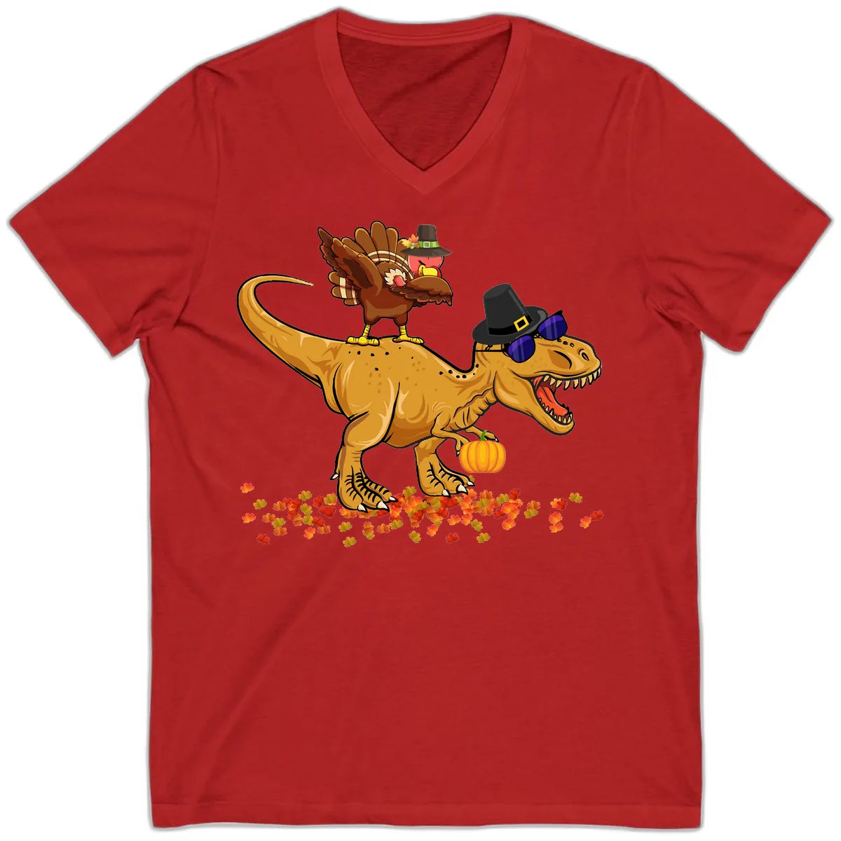 Dinosaur Turkey Thanksgiving Ride V-Neck in Red