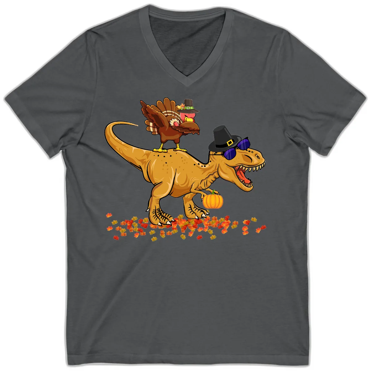Dinosaur Turkey Thanksgiving Ride V-Neck in Asphalt