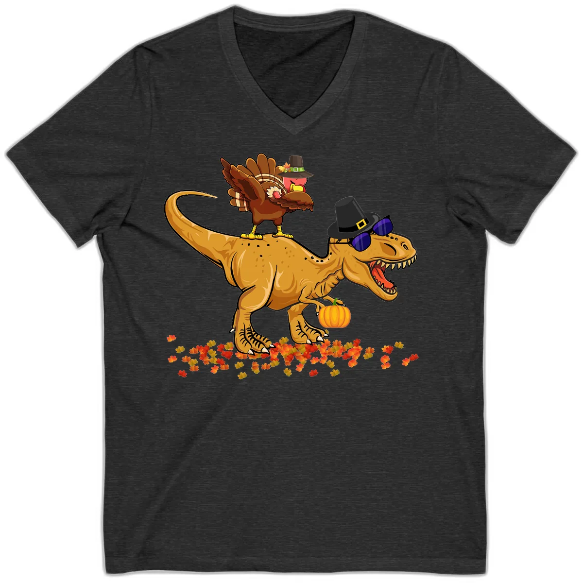 Dinosaur Turkey Thanksgiving Ride V-Neck in Dark Grey Heather