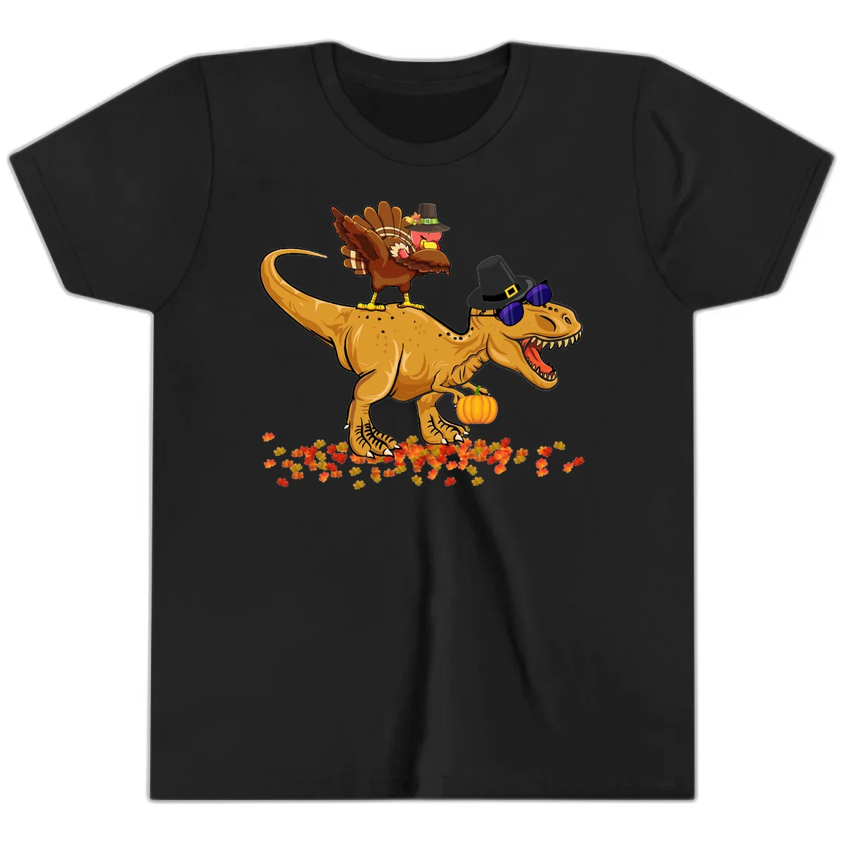 Dinosaur Turkey Thanksgiving Ride Youth T-Shirt in Black