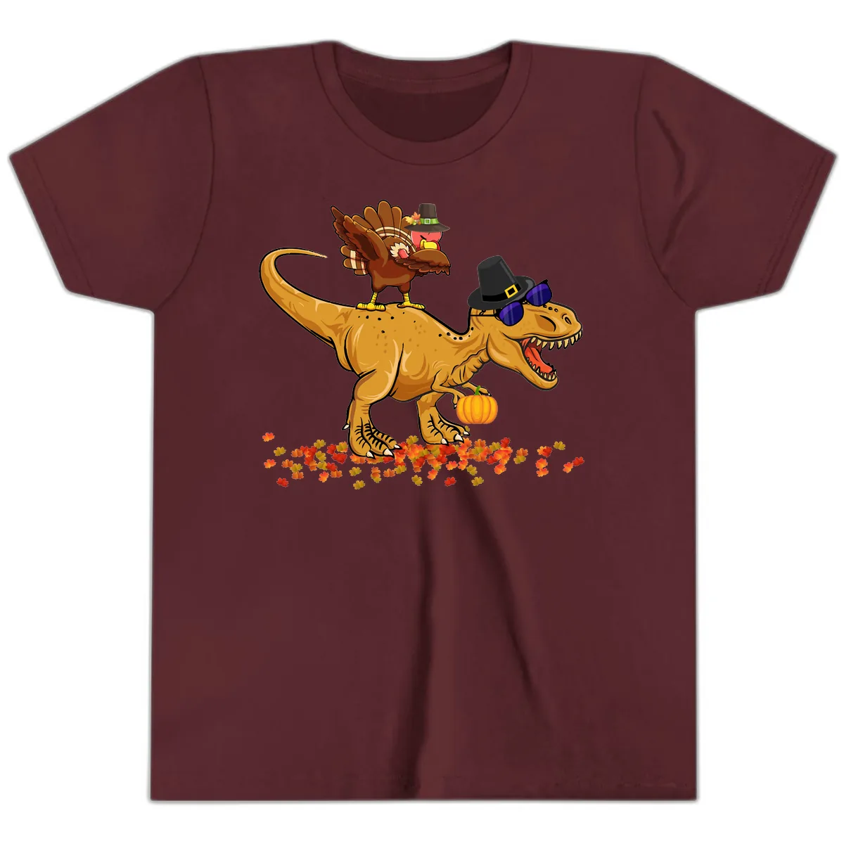 Dinosaur Turkey Thanksgiving Ride Youth T-Shirt in Maroon