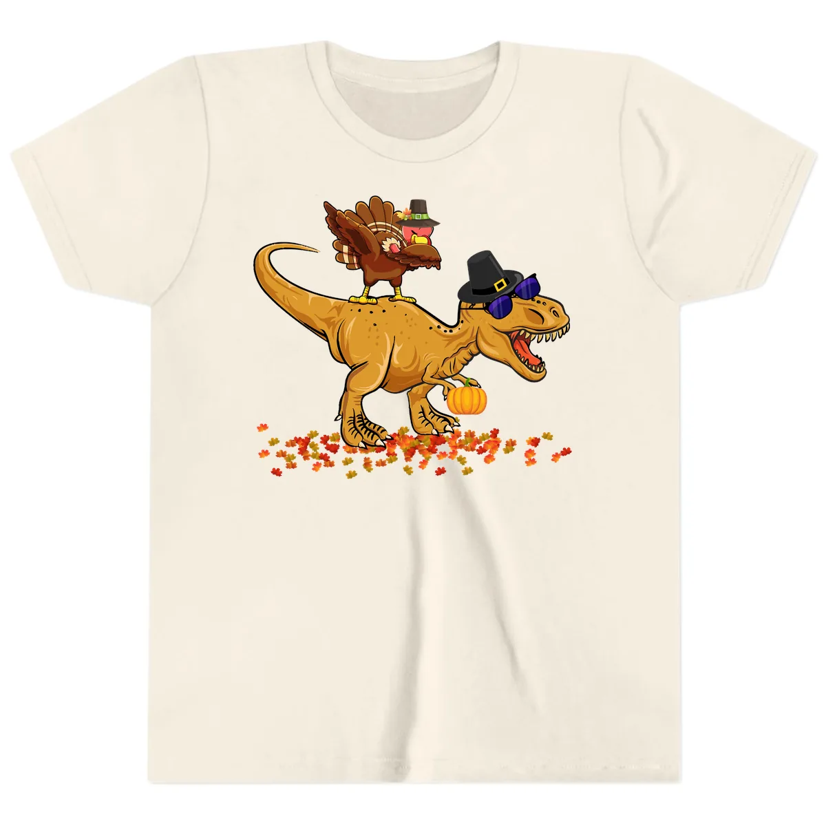 Dinosaur Turkey Thanksgiving Ride Youth T-Shirt in Natural
