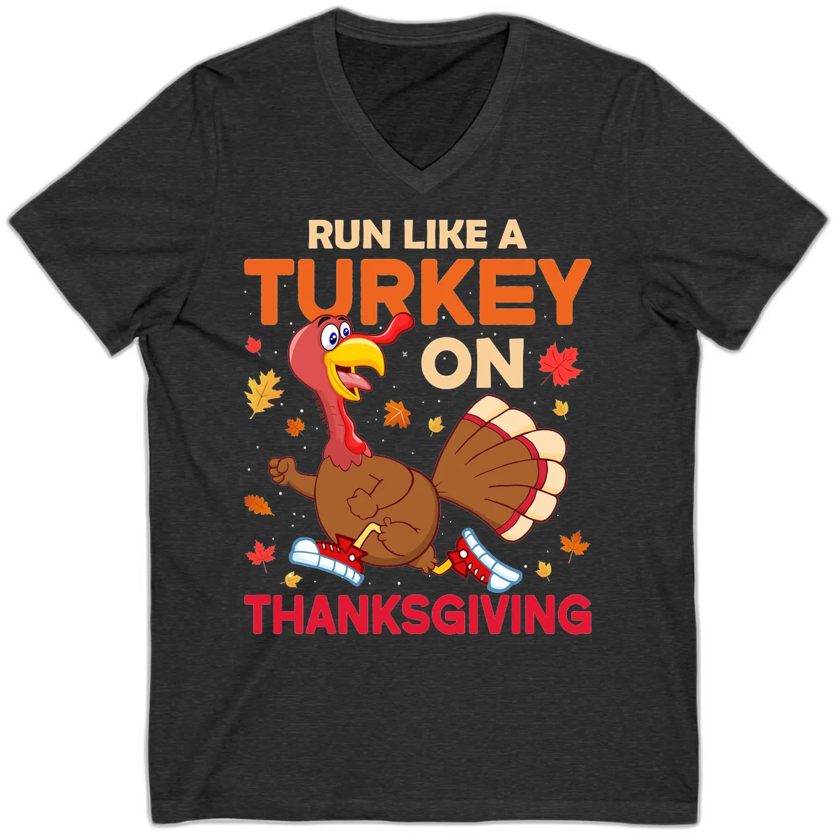Run Like A Turkey On Thanksgiving V-Neck in Dark Grey Heather