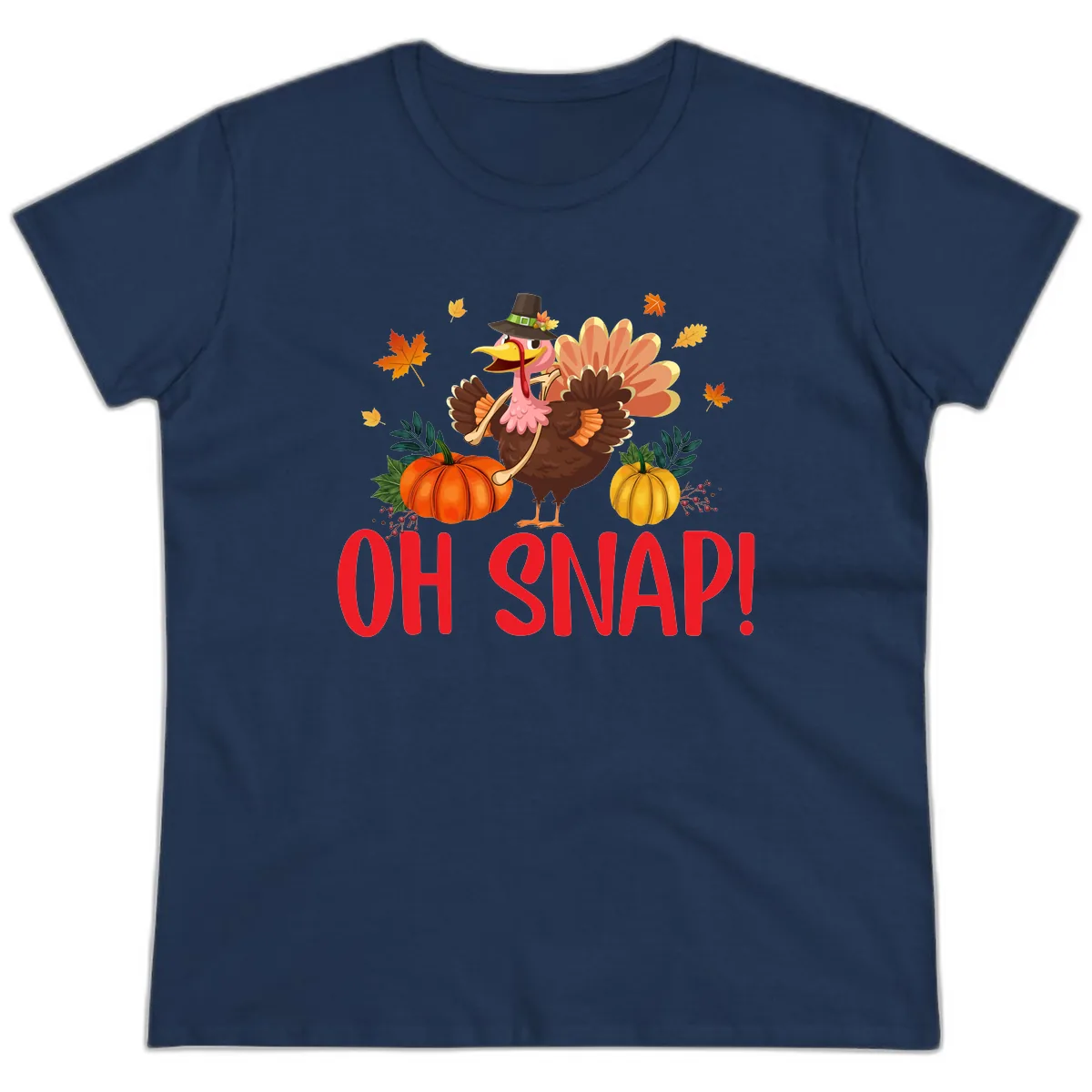 Turkey Oh Snap Thanksgiving Design Ladies Tee in Navy