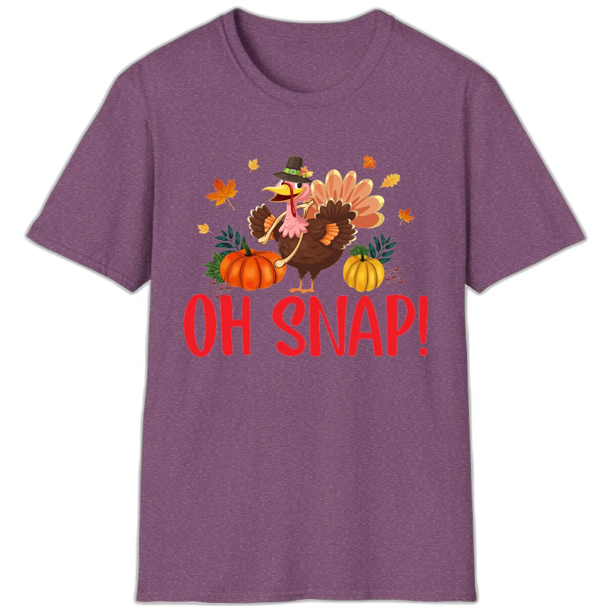 Turkey Oh Snap Thanksgiving Design T-Shirt in Heather Maroon