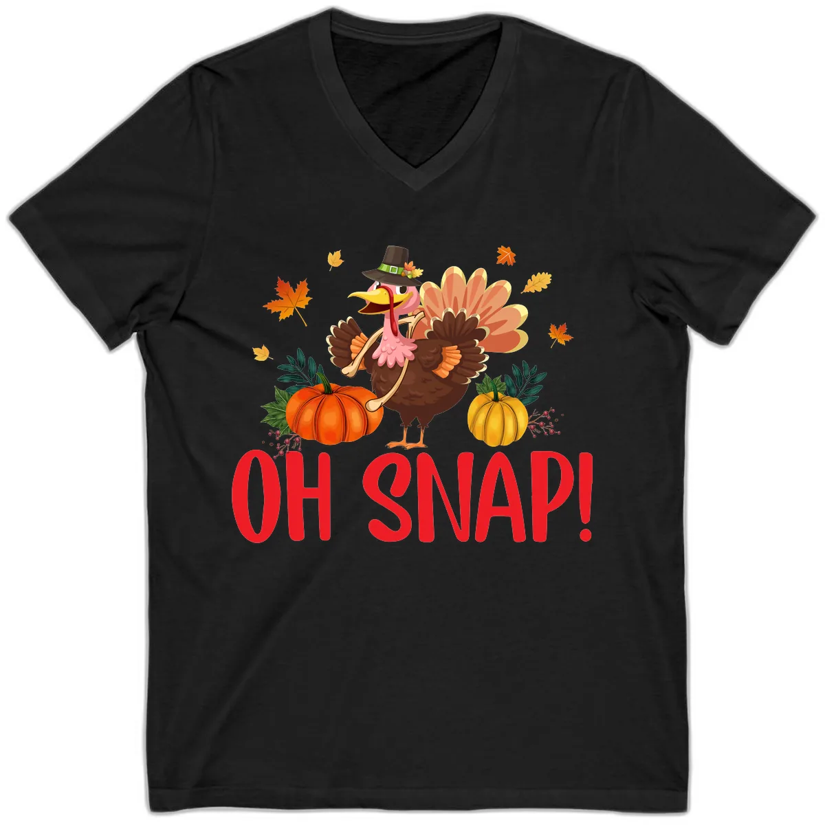 Turkey Oh Snap Thanksgiving Design V-Neck in Black