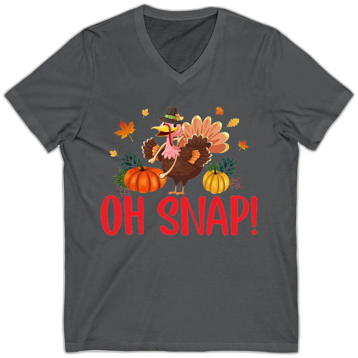 Turkey Oh Snap Thanksgiving Design V-Neck in Asphalt
