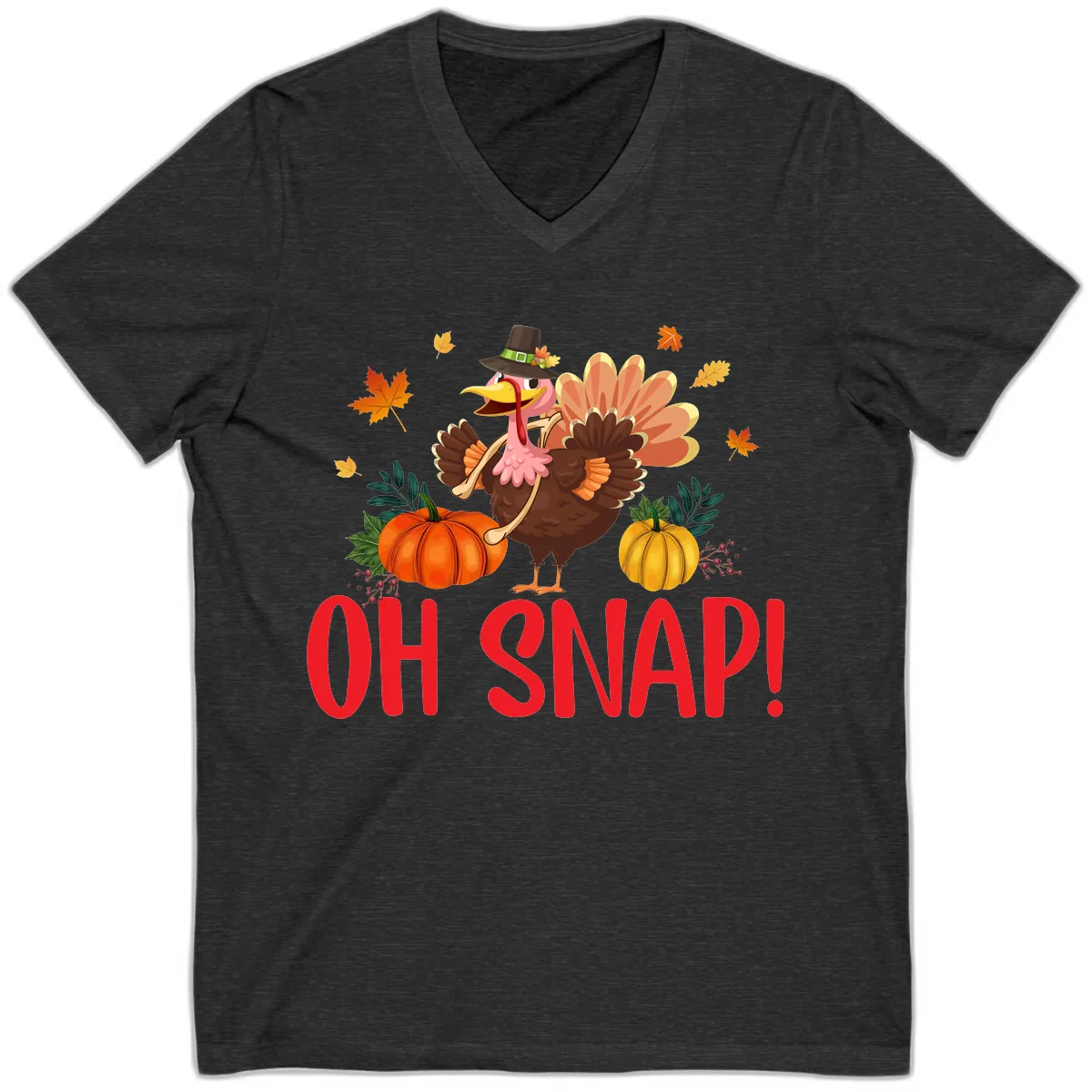 Turkey Oh Snap Thanksgiving Design V-Neck in Dark Grey Heather