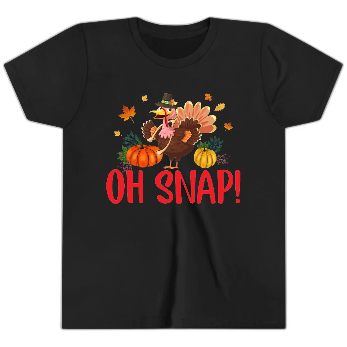Turkey Oh Snap Thanksgiving Design Youth T-Shirt in Black
