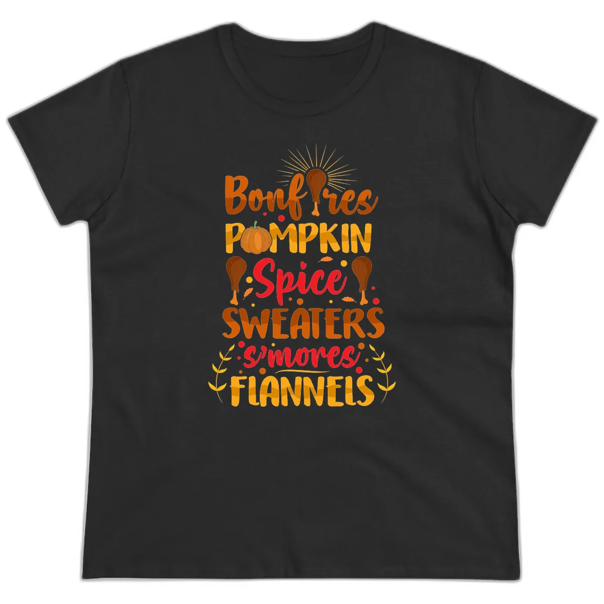 Bonfires Pumpkin Spice Sweaters S'mores Flannels Ladies Tee in Black