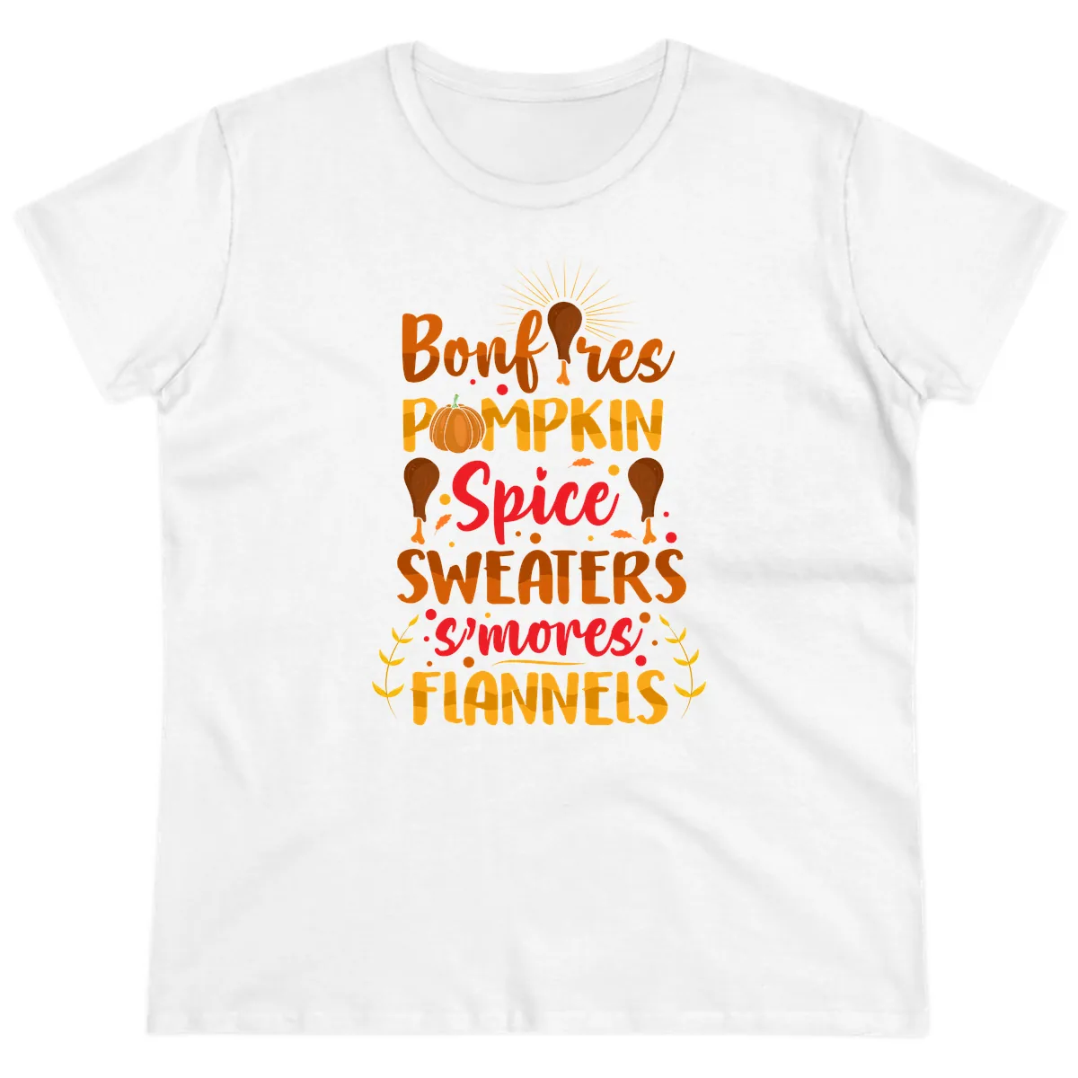 Bonfires Pumpkin Spice Sweaters S'mores Flannels Ladies Tee in White
