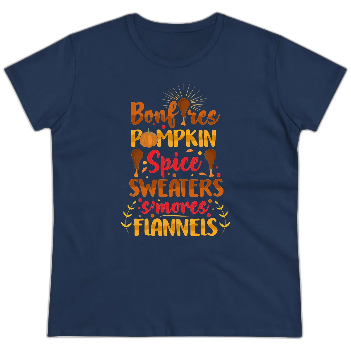 Bonfires Pumpkin Spice Sweaters S'mores Flannels Ladies Tee in Navy