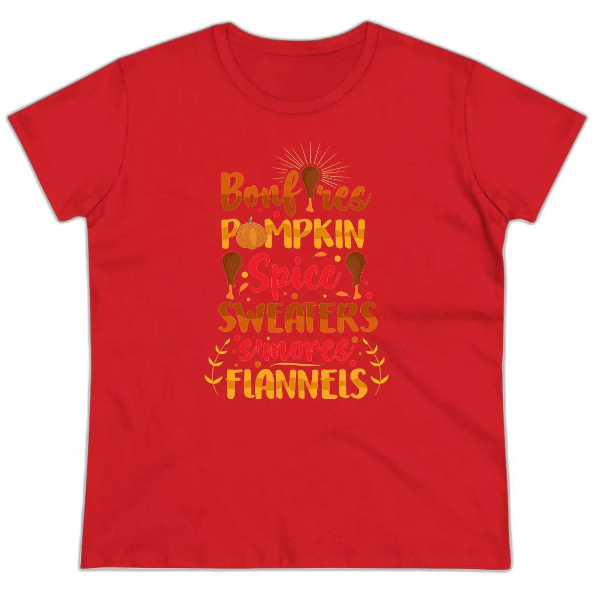 Bonfires Pumpkin Spice Sweaters S'mores Flannels Ladies Tee in Red