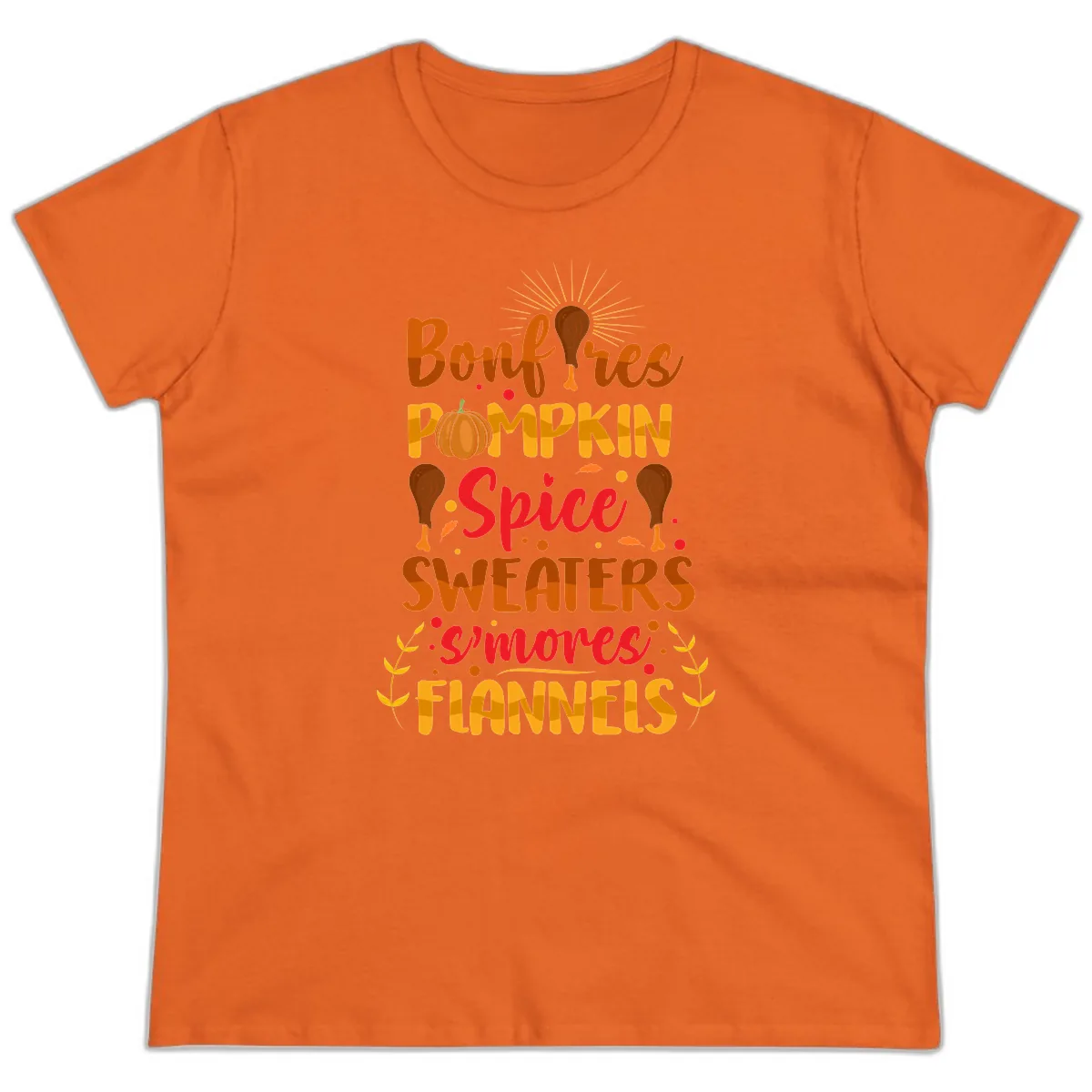 Bonfires Pumpkin Spice Sweaters S'mores Flannels Ladies Tee in Orange
