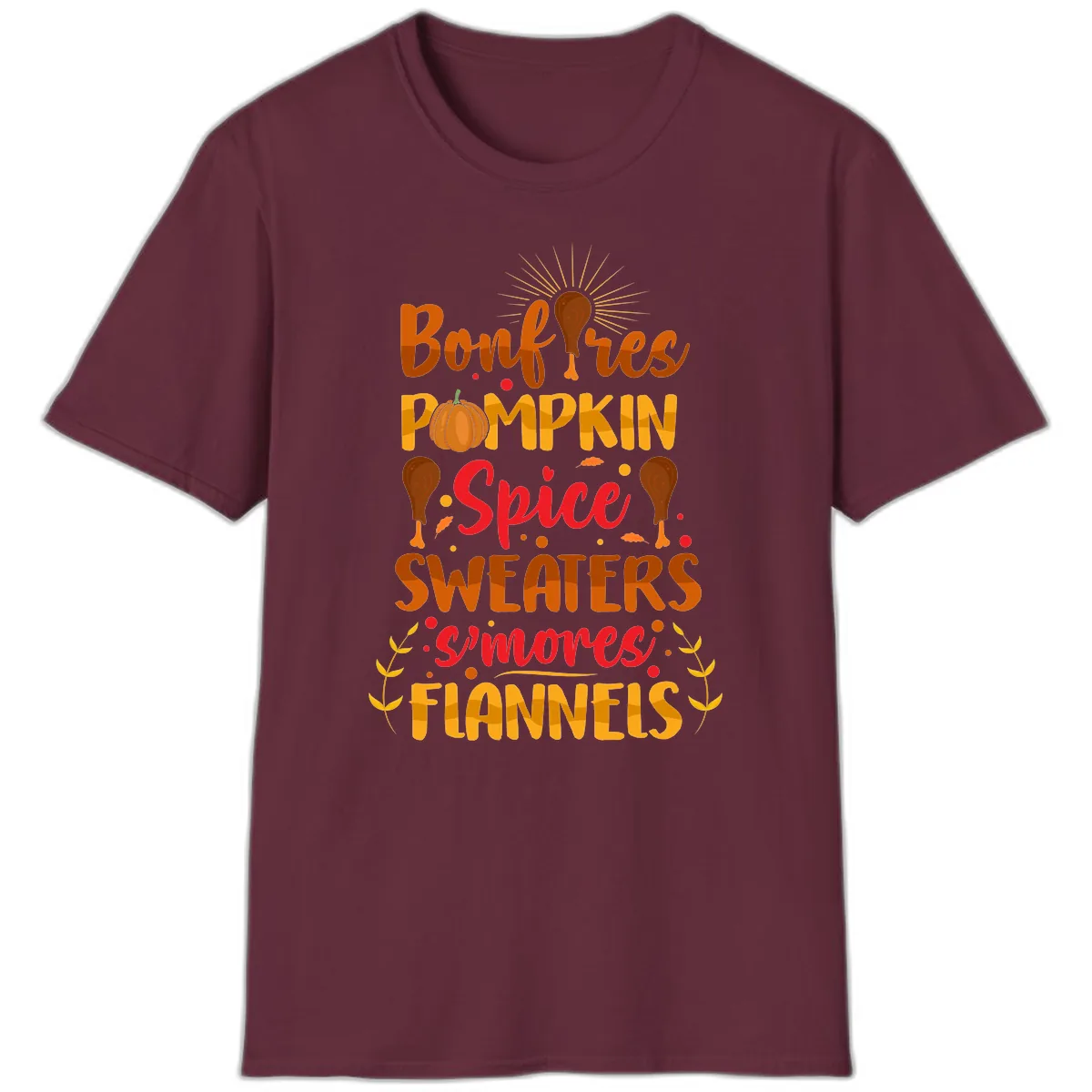 Bonfires Pumpkin Spice Sweaters S'mores Flannels T-Shirt in Maroon