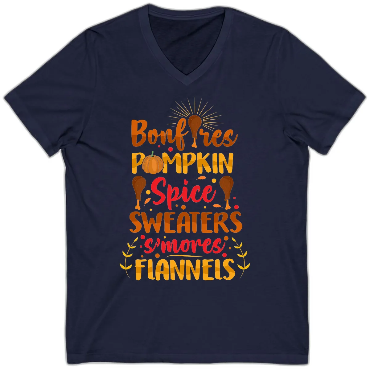 Bonfires Pumpkin Spice Sweaters S'mores Flannels V-Neck in Navy