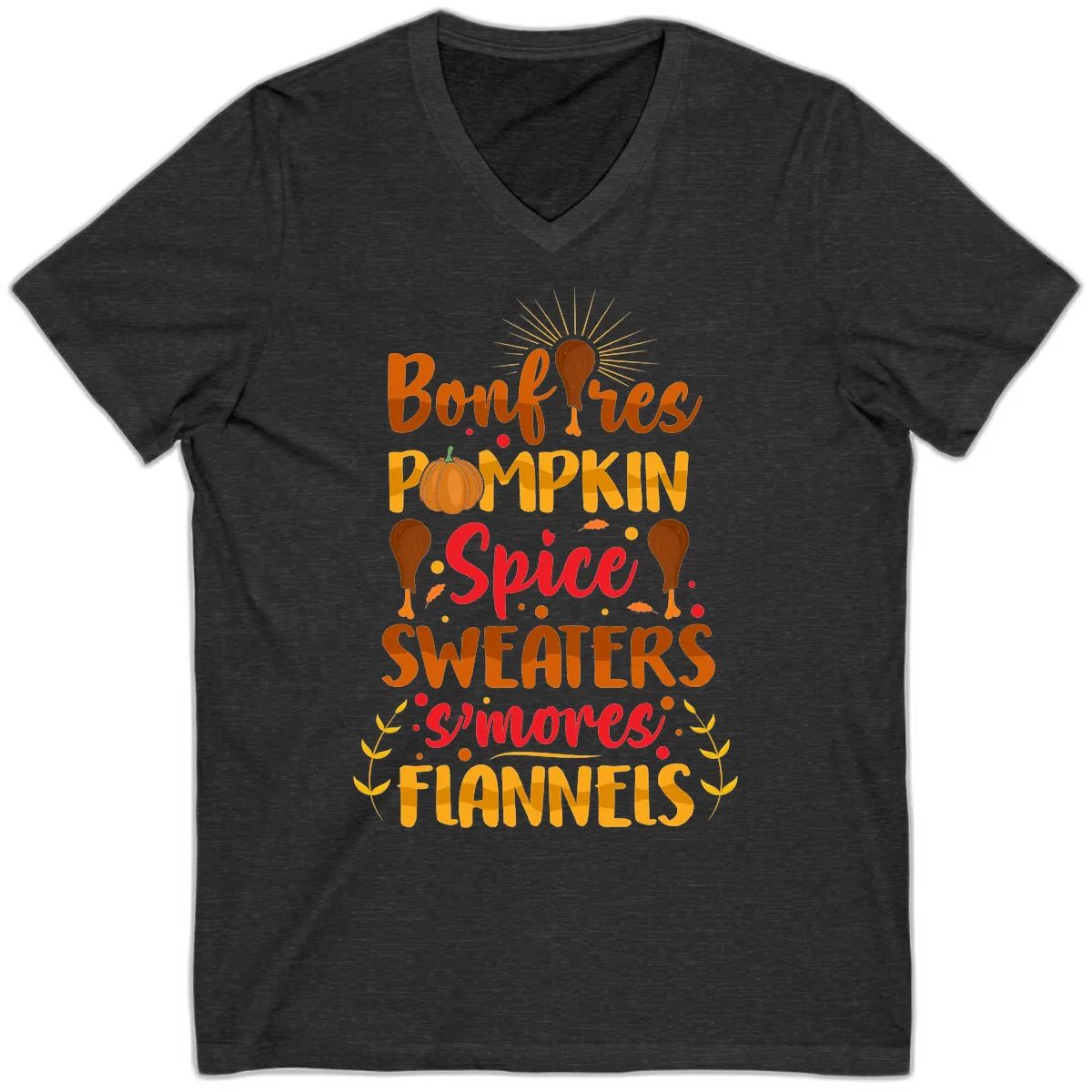 Bonfires Pumpkin Spice Sweaters S'mores Flannels V-Neck in Dark Grey Heather