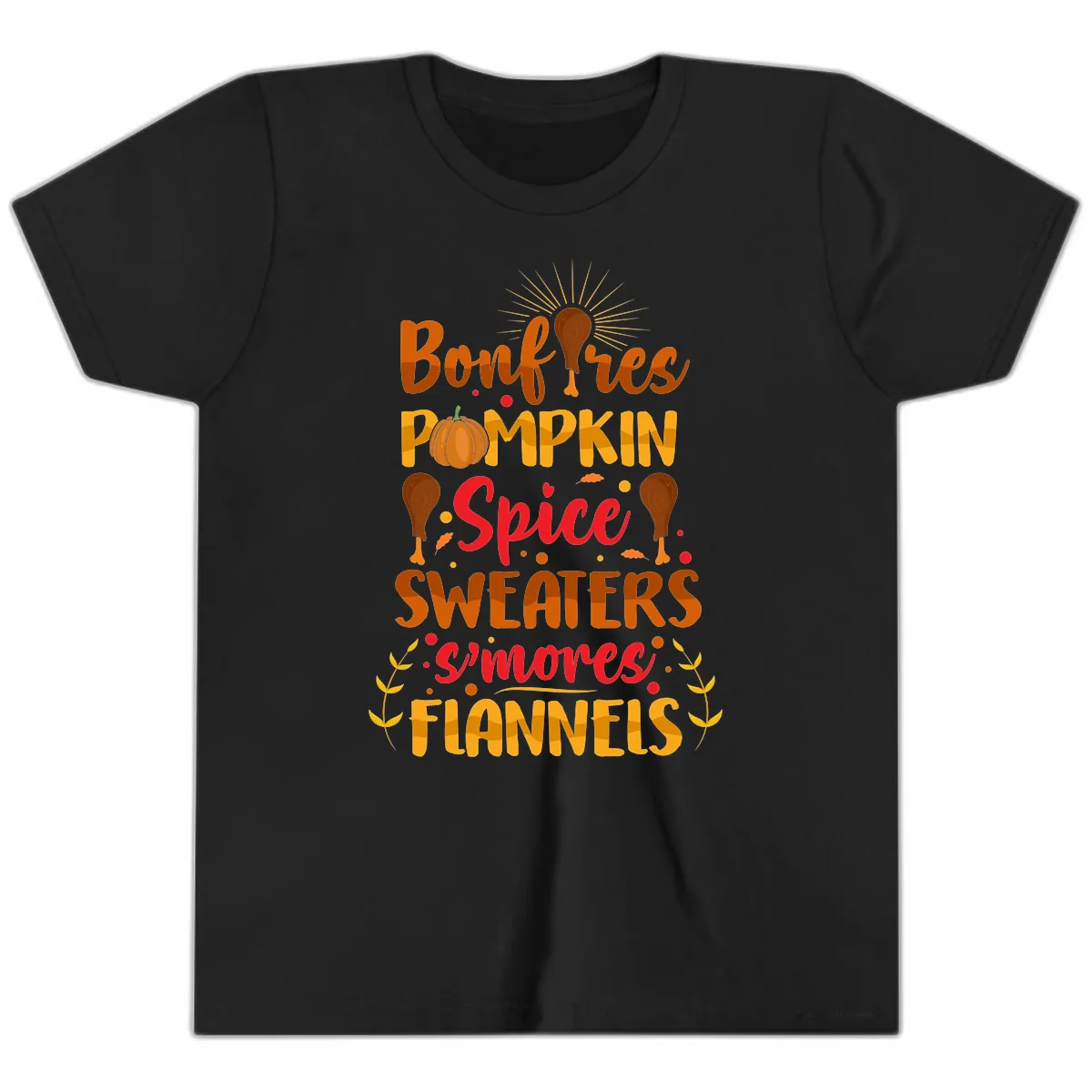 Bonfires Pumpkin Spice Sweaters S'mores Flannels Youth T-Shirt in Black